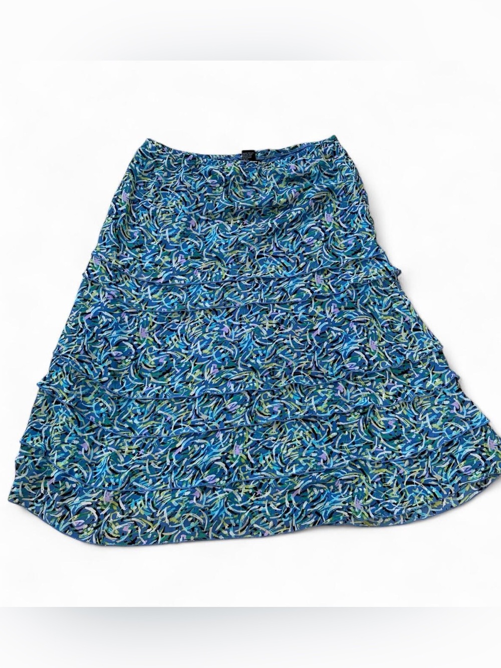 RQT blue and green abstract swirl print midi skirt w ruffles Sz 14